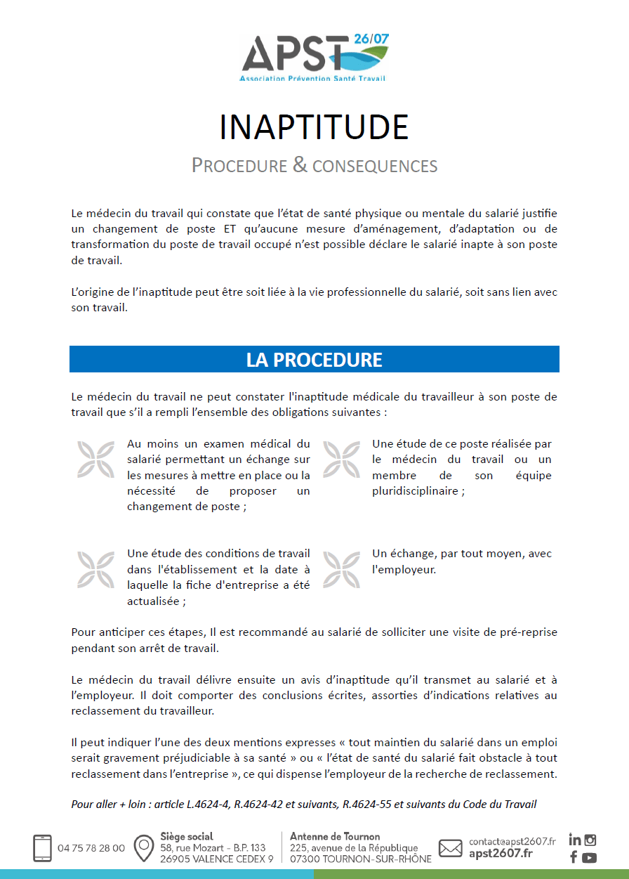 INAPTITUDE : PROCEDURE et CONSEQUENCES - Santé Travail Drôme Ardèche